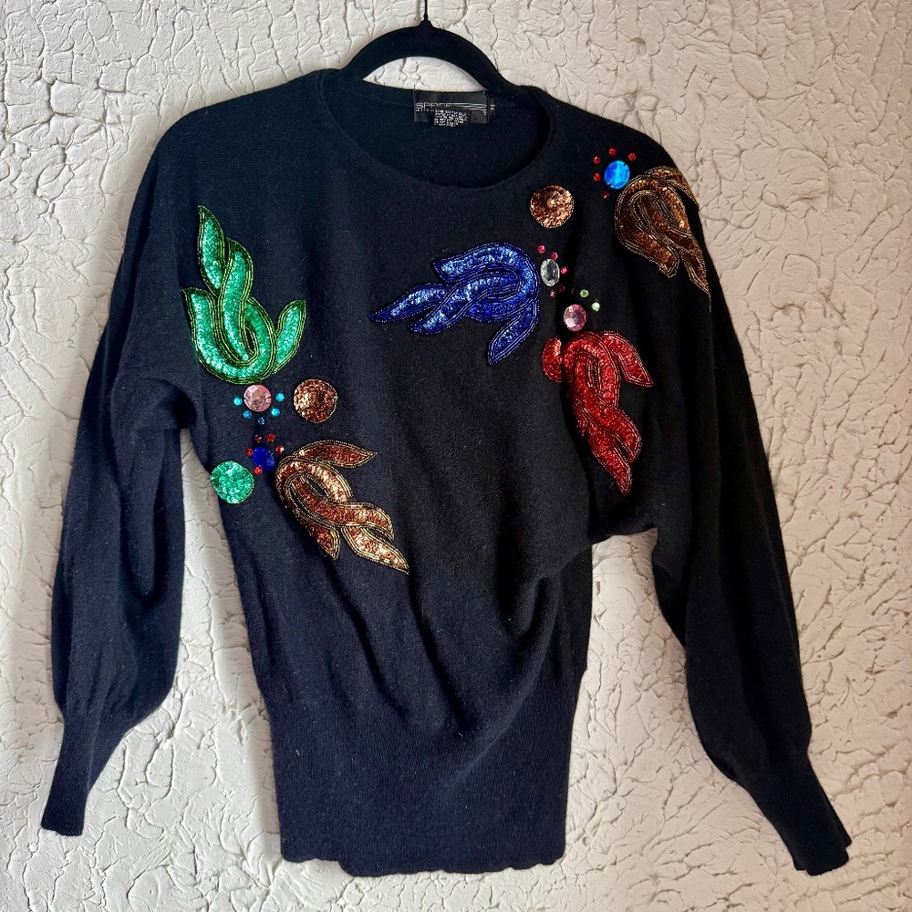 Vintage Spree International Embellished Wool Sweater I Beaded Sequin Leaf Design